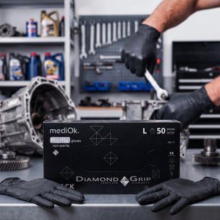 СУПЕР ПЛОТНЫЕ перчатки нитриловые MediOk Diamond Grip черного цвета, размер L, 50 шт. 1096 фото